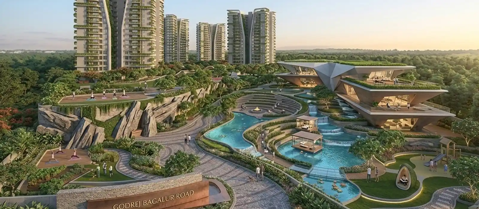 Godrej Bagalur Road towers with landscaped pools and clubhouse