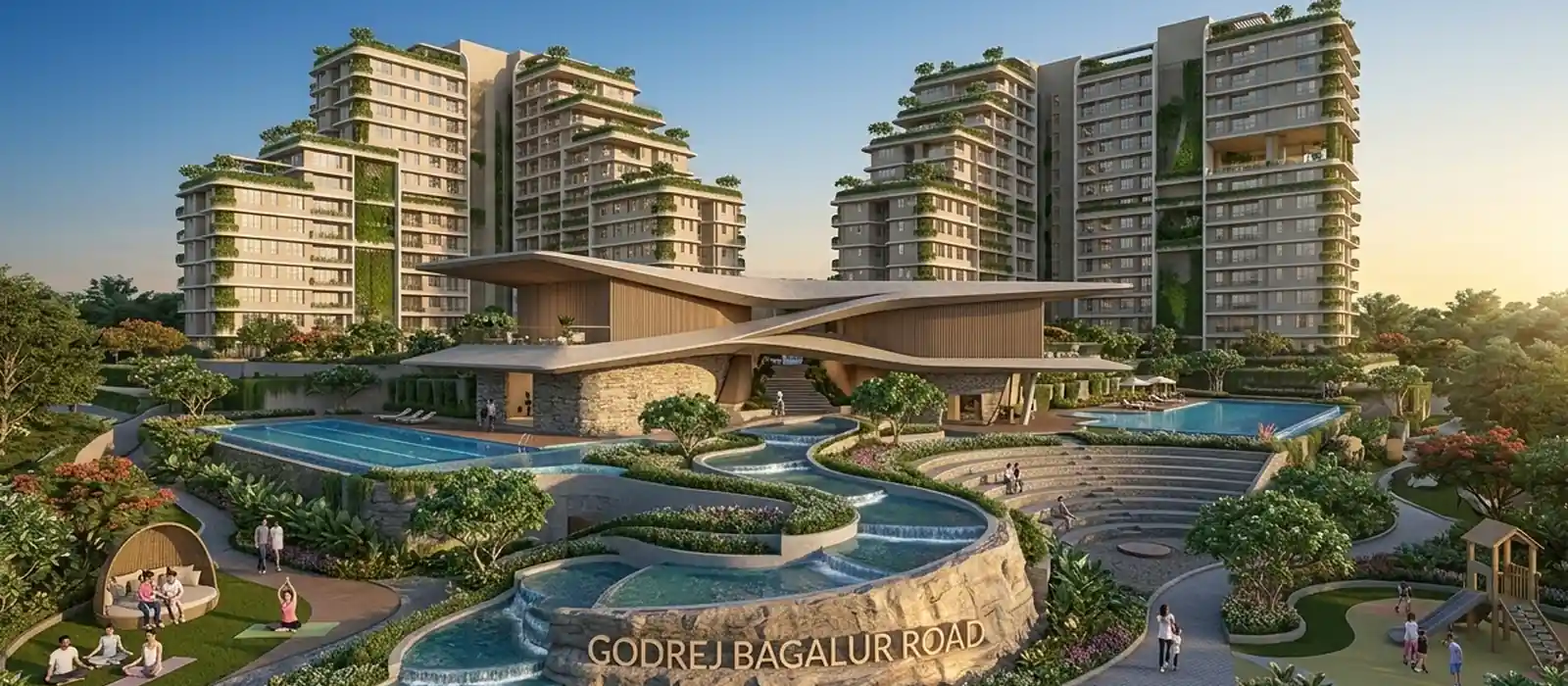 Godrej Bagalur Road entrance arch with water cascade and towers