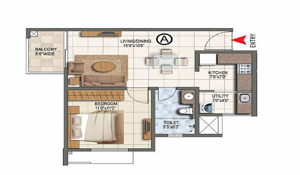 1 BHK, 938 sq. ft. floor plan at Godrej Bagalur Road