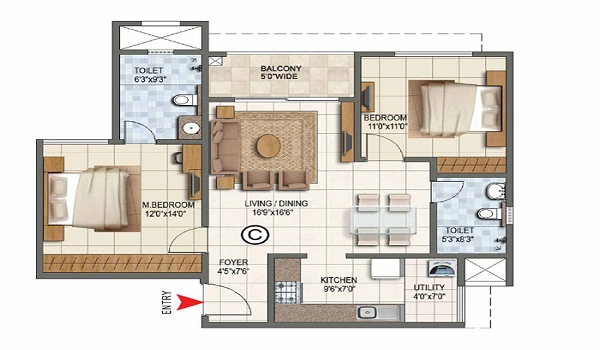 2 BHK, 1,120–1,130 sq. ft. floor plan at Godrej Bagalur Road